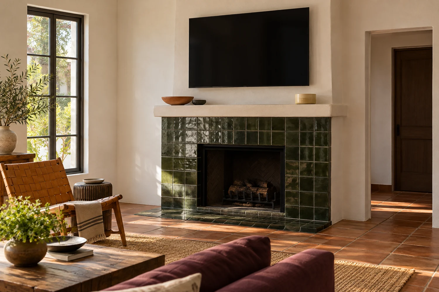Asymmetrical low ceramics on a plaster mantel over green glazed fireplace tiles, with a leather chair and terracotta floor.