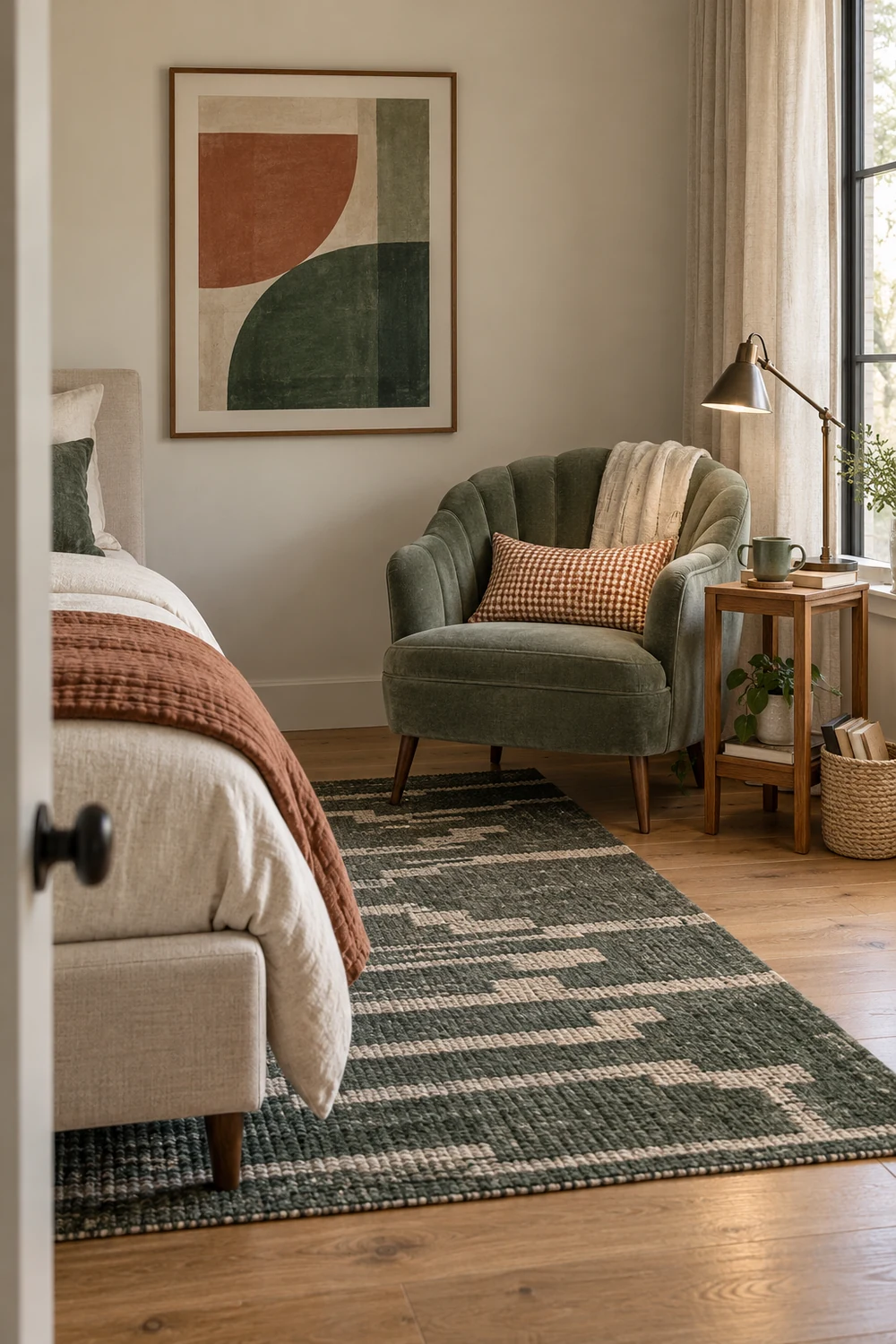 Sage reading chair in a bedroom corner beside a slim oak table and reading lamp, with space between the chair and ivory bed.