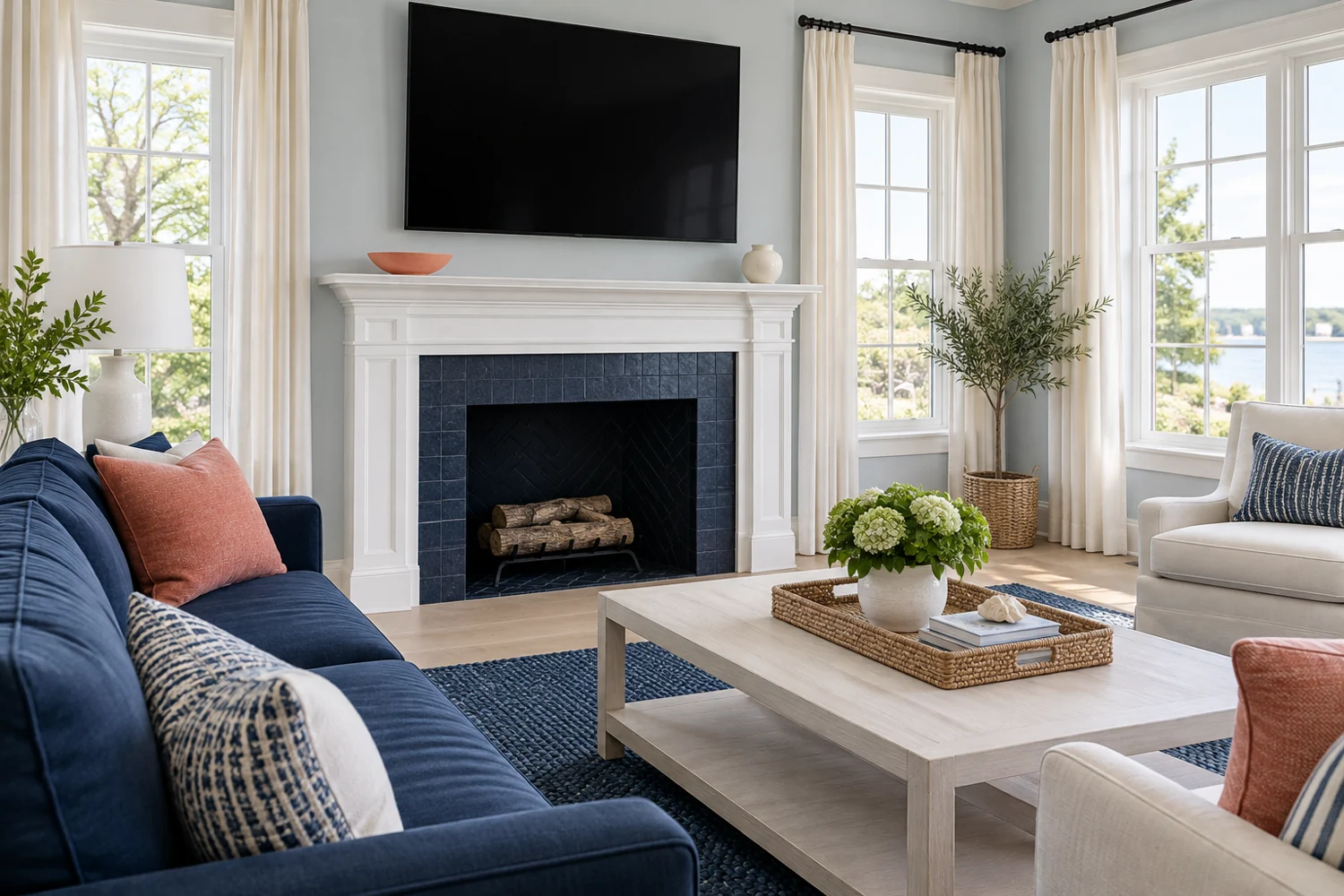 Coral mantel bowl and cushions coordinate with a navy sofa, blue tiled fireplace and rug in a bright coastal living room.