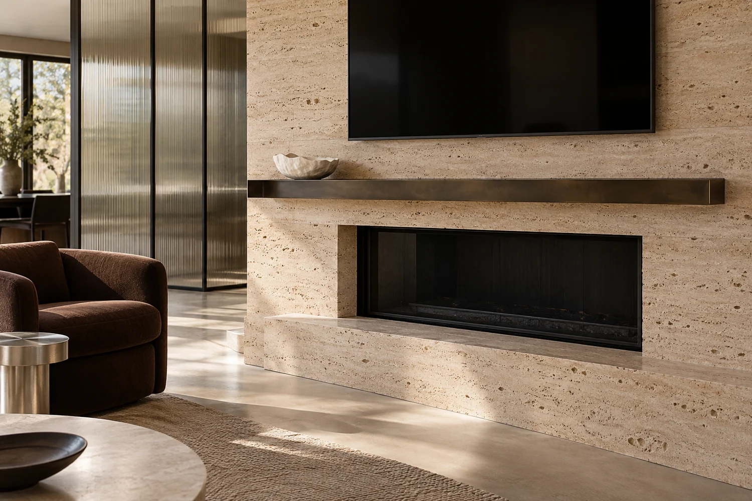 White ceramic bowl on a bronze shelf against textured travertine, with a dark fireplace, partial TV and brown chair.