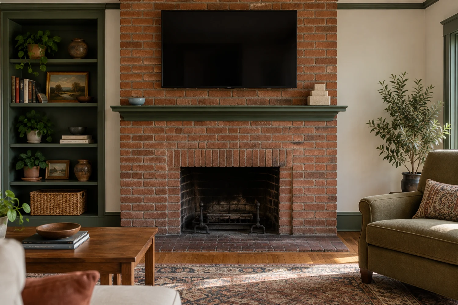 Exposed brick fireplace with a green mantel, low objects at each end and an open center beneath the TV.