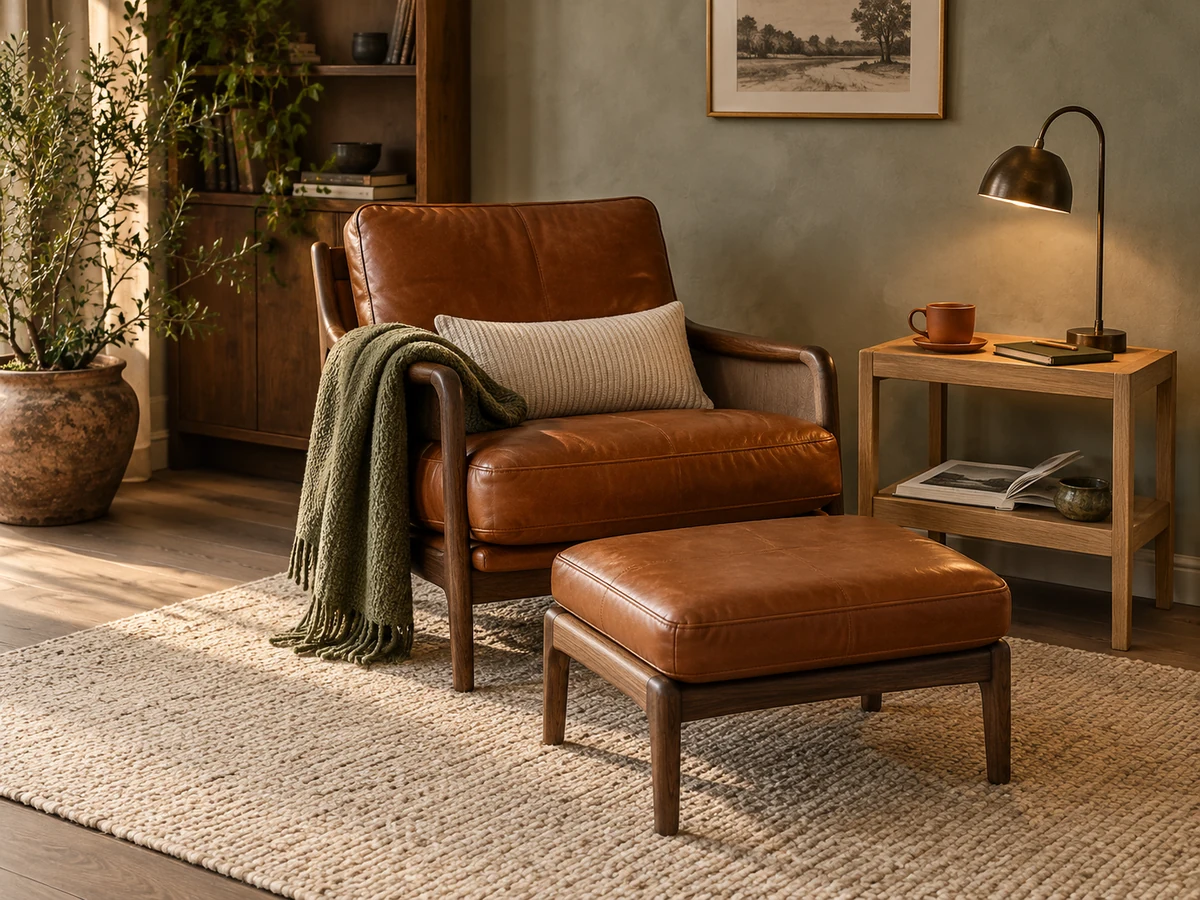 Cognac leather reading chair and matching footstool with an ivory cushion, woven green throw and small rectangular oak side table.