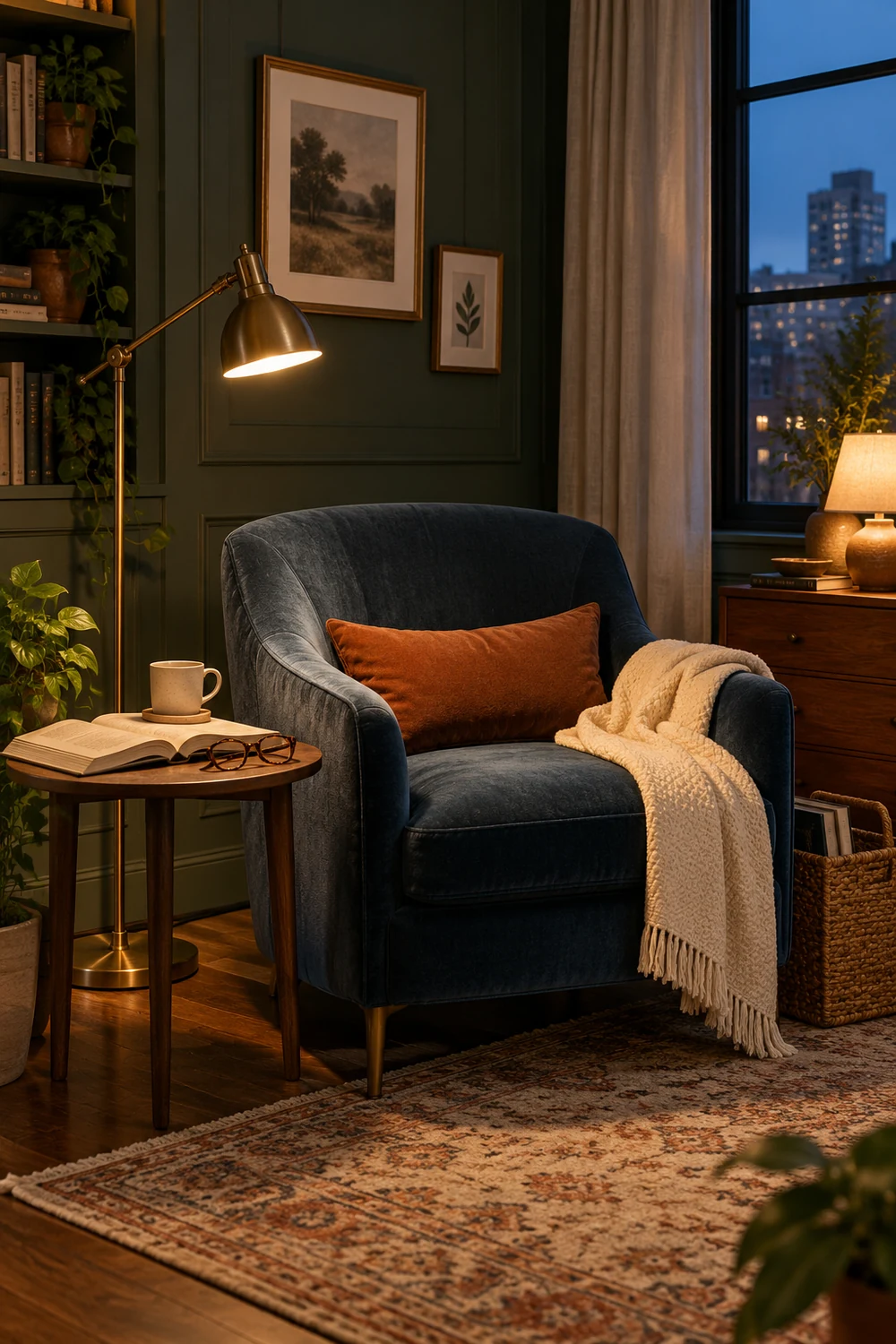 Ink-blue reading chair at dusk with an adjustable brass lamp illuminating an open book and a small amber lamp lighting the background.