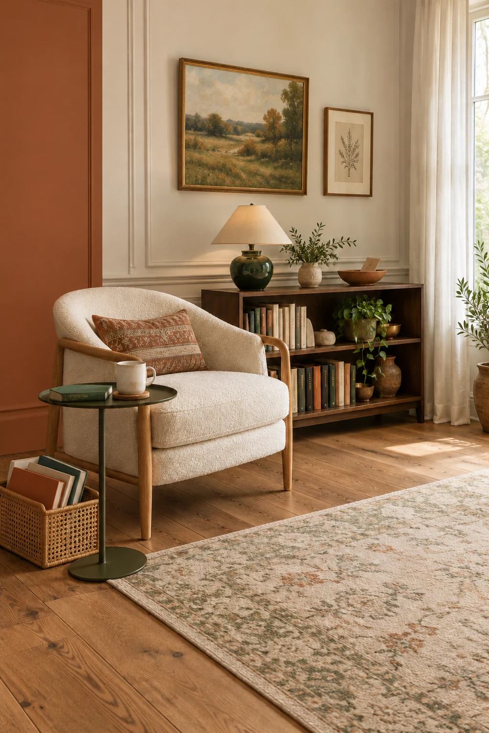 Cream reading chair beside a low smoked-oak bookcase, with current books in a small basket and a green ceramic lamp.
