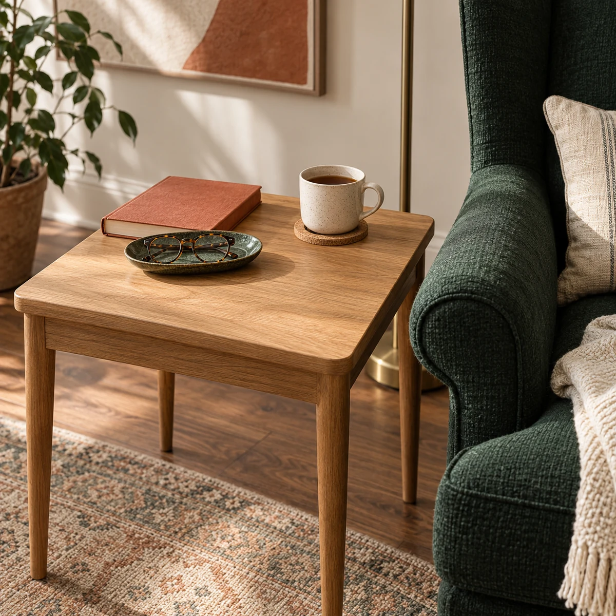 Square oak side table beside a forest-green reading chair, with a terracotta-covered book, ivory cup, reading glasses and open tabletop space.