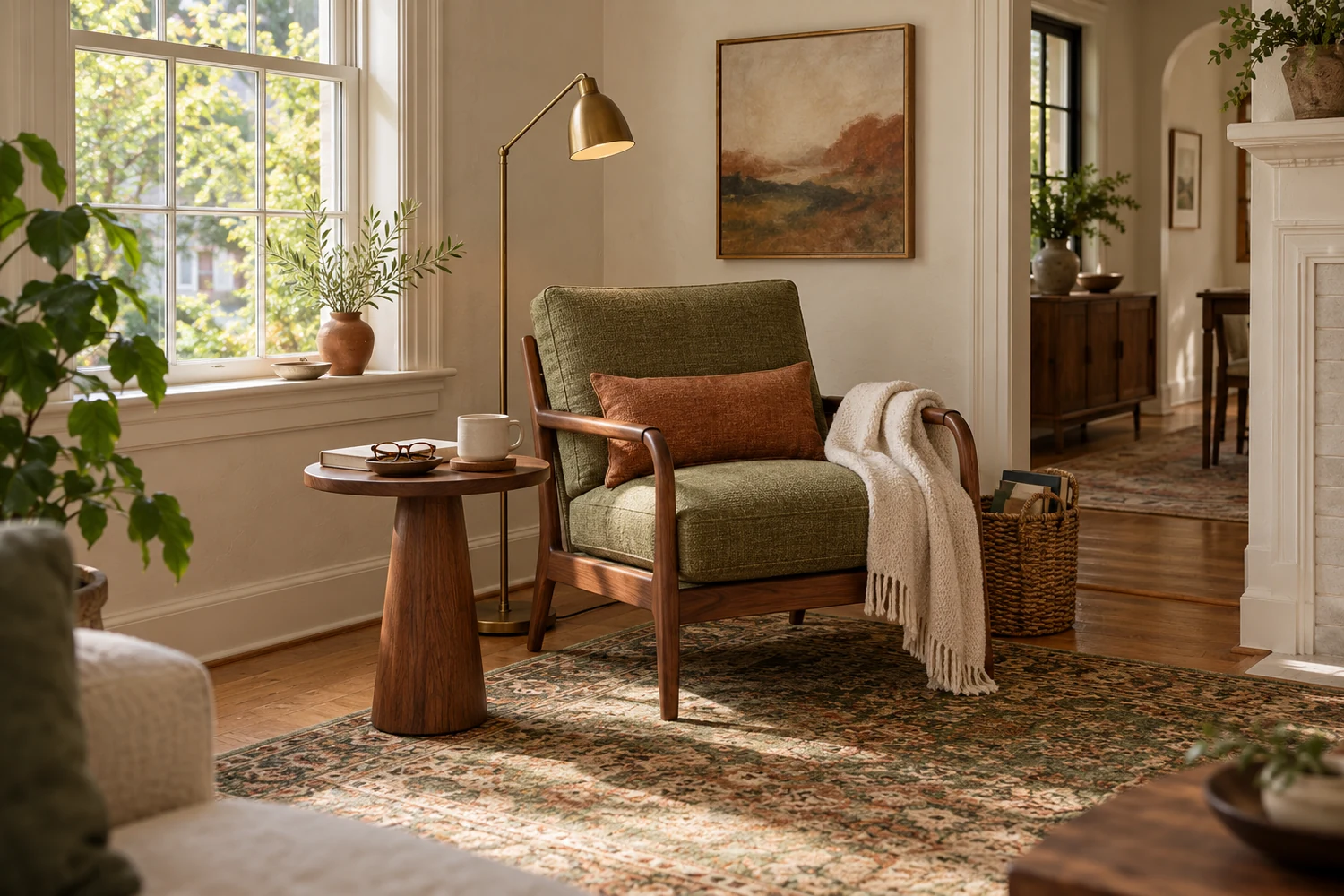 Olive armchair beside a tall window with a walnut side table, brass reading lamp, book basket and terracotta cushion.