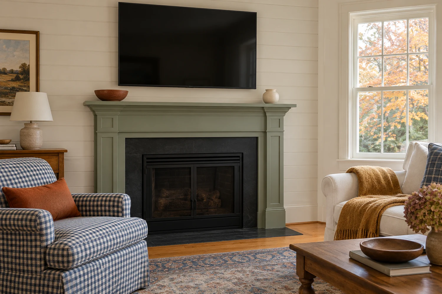 Sage cottage mantel with a russet bowl and ivory vessel beneath a TV, complemented by gingham seating and autumn textiles.