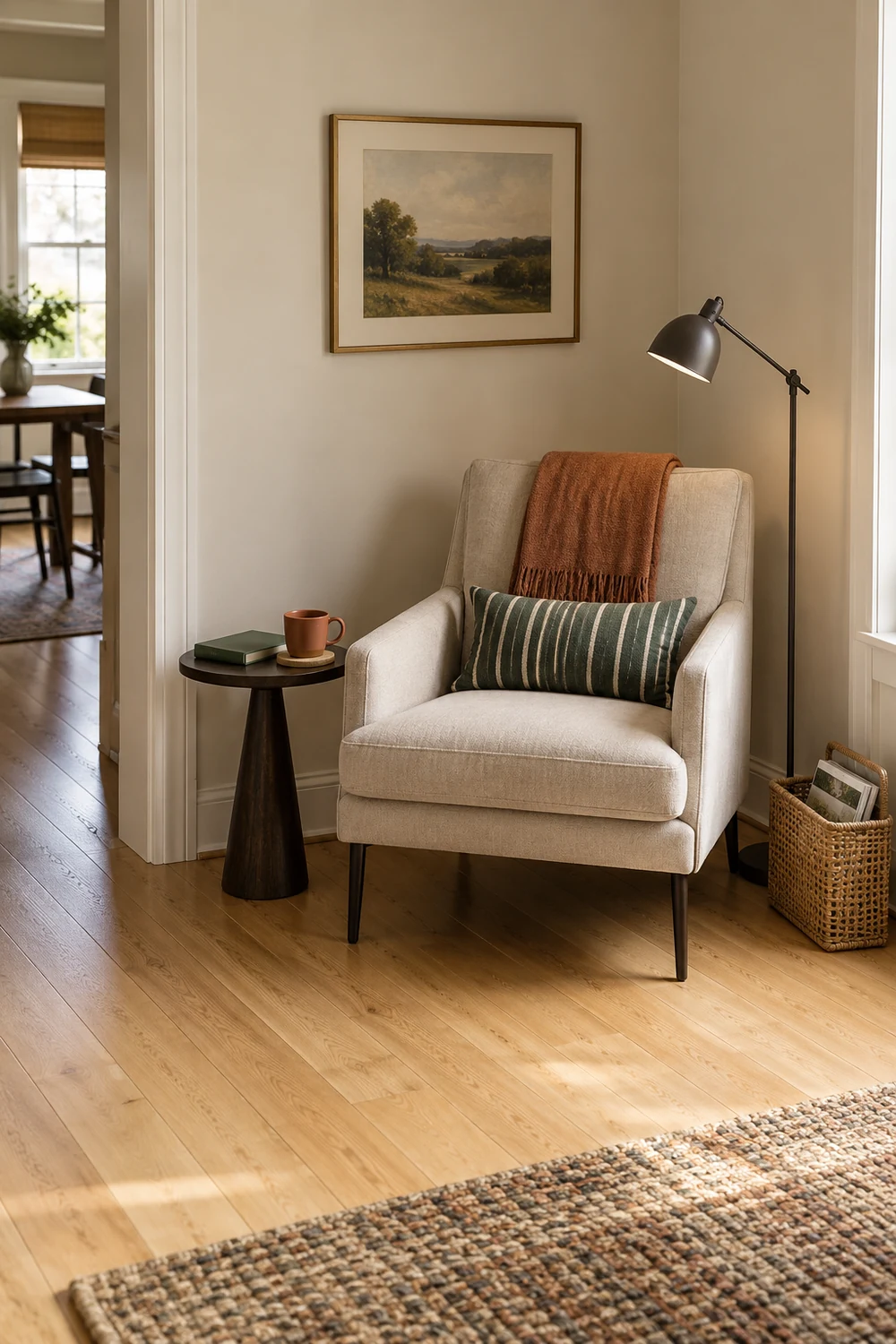 Compact oatmeal armchair, small dark side table and slim floor lamp arranged in a narrow ivory alcove with open floor space in front.