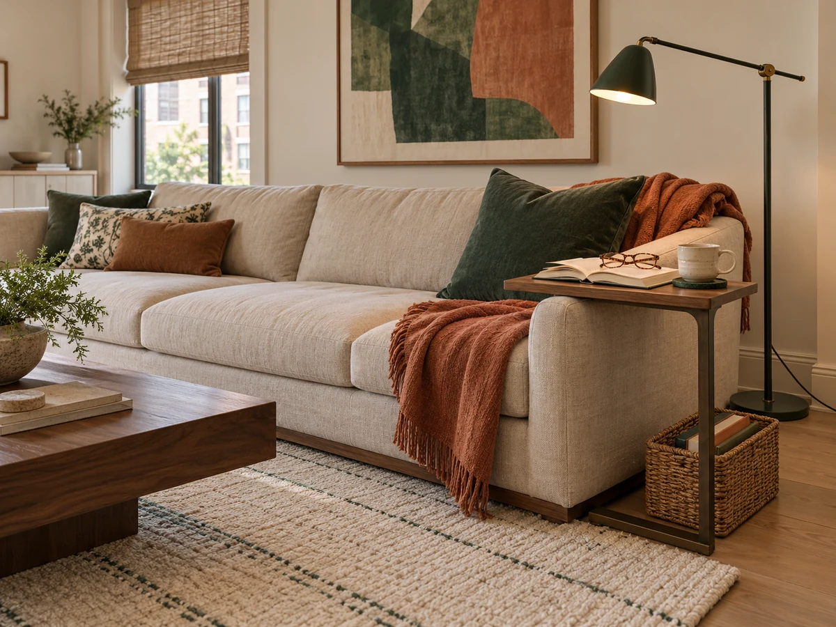 Sofa-end reading setup with a forest-green cushion, terracotta throw, walnut C-shaped table, adjustable floor lamp and book basket.