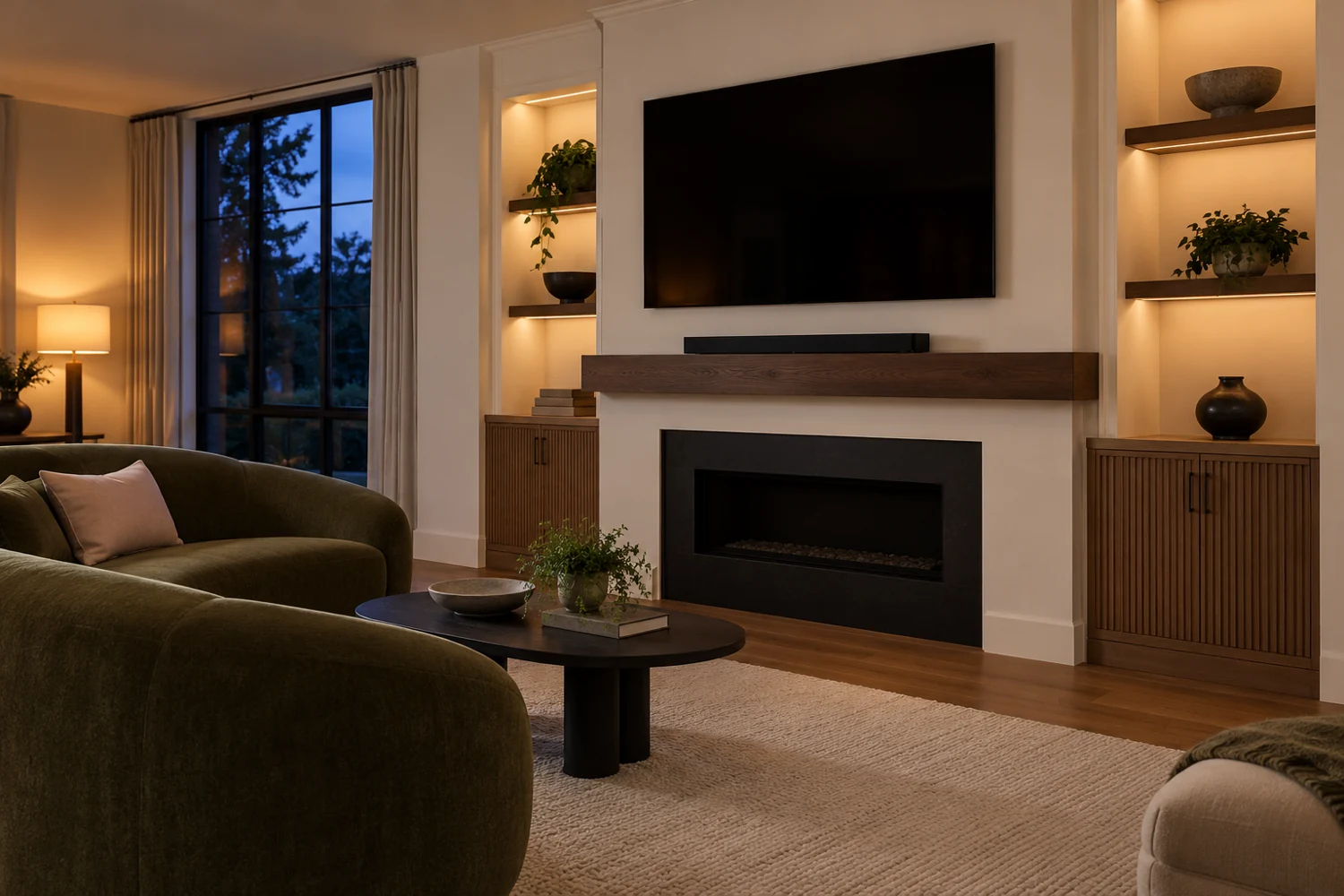 Soundbar on a clear dark oak mantel beneath a TV, framed by illuminated built-ins and green seating at dusk.